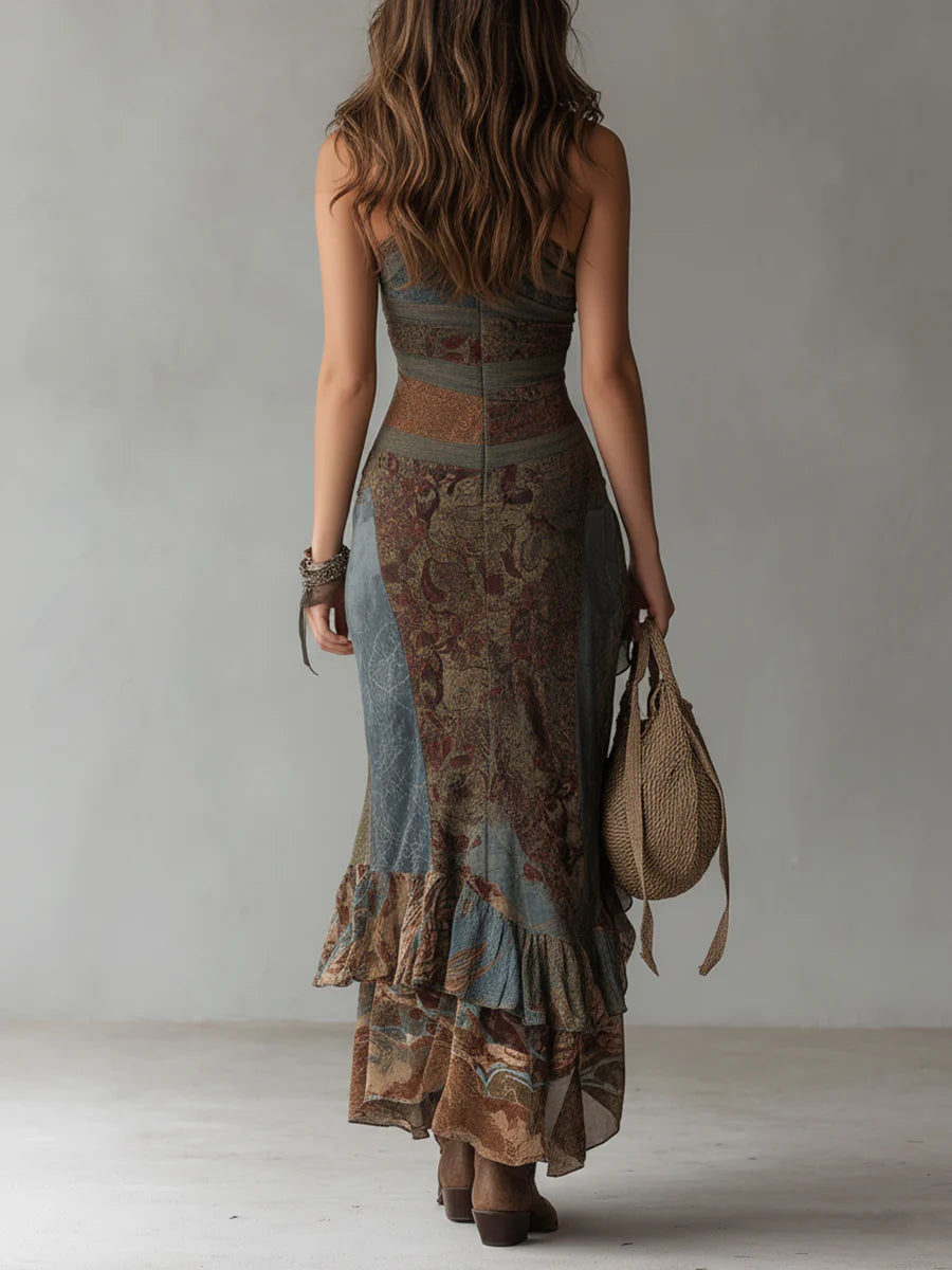 Ethnic-Style Printed One-Shoulder Maxi Dress