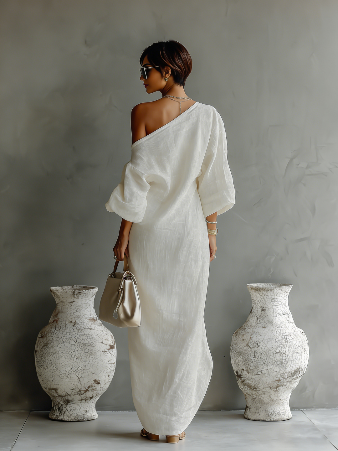 Nami | Elegant Flowing Dress in Ivory White with Off-Shoulder Design