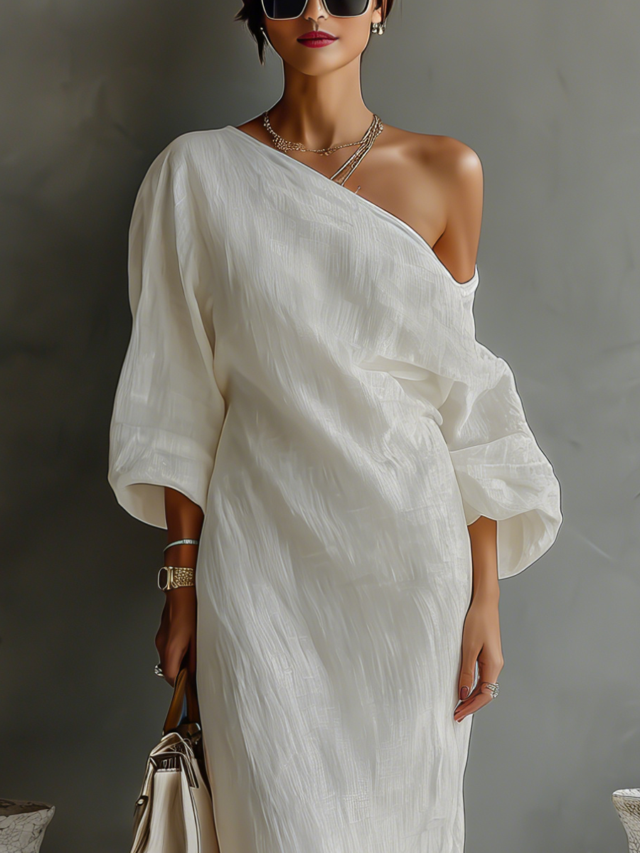 Nami | Elegant Flowing Dress in Ivory White with Off-Shoulder Design