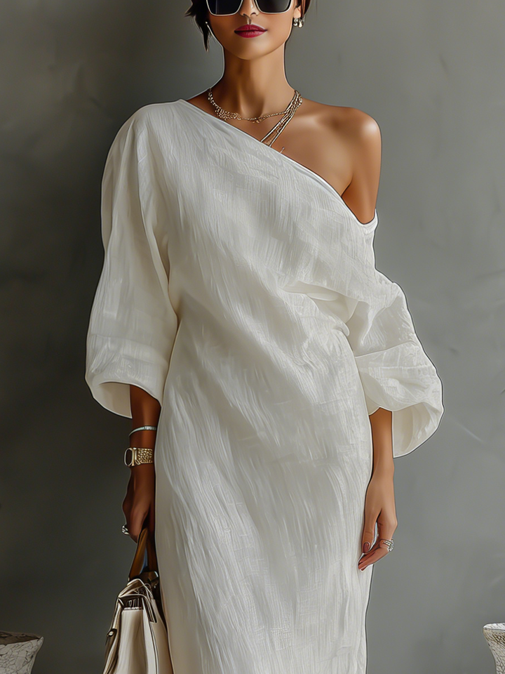 Nami | Elegant Flowing Dress in Ivory White with Off-Shoulder Design