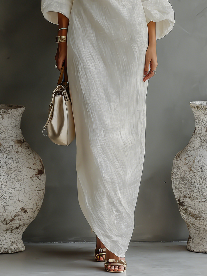 Nami | Elegant Flowing Dress in Ivory White with Off-Shoulder Design