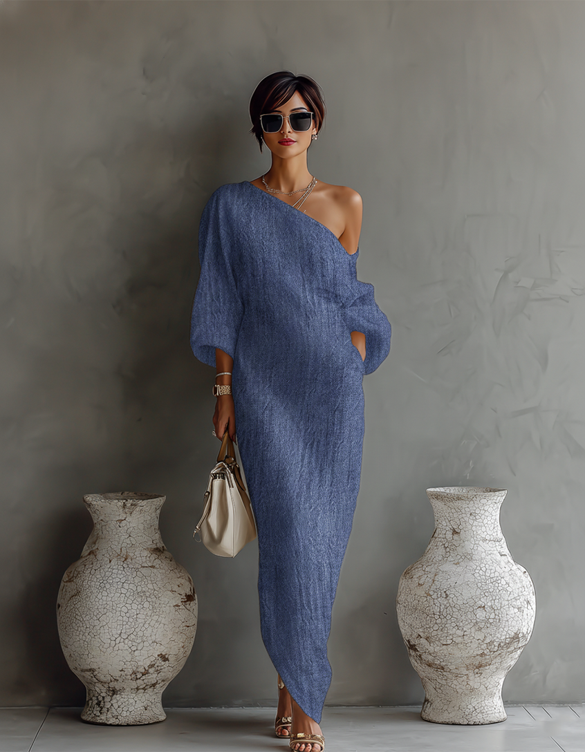 Nami | Elegant Flowing Dress in Ivory White with Off-Shoulder Design
