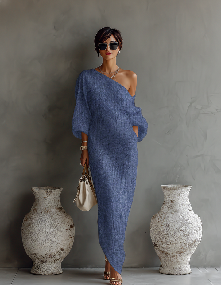 Nami | Elegant Flowing Dress in Ivory White with Off-Shoulder Design