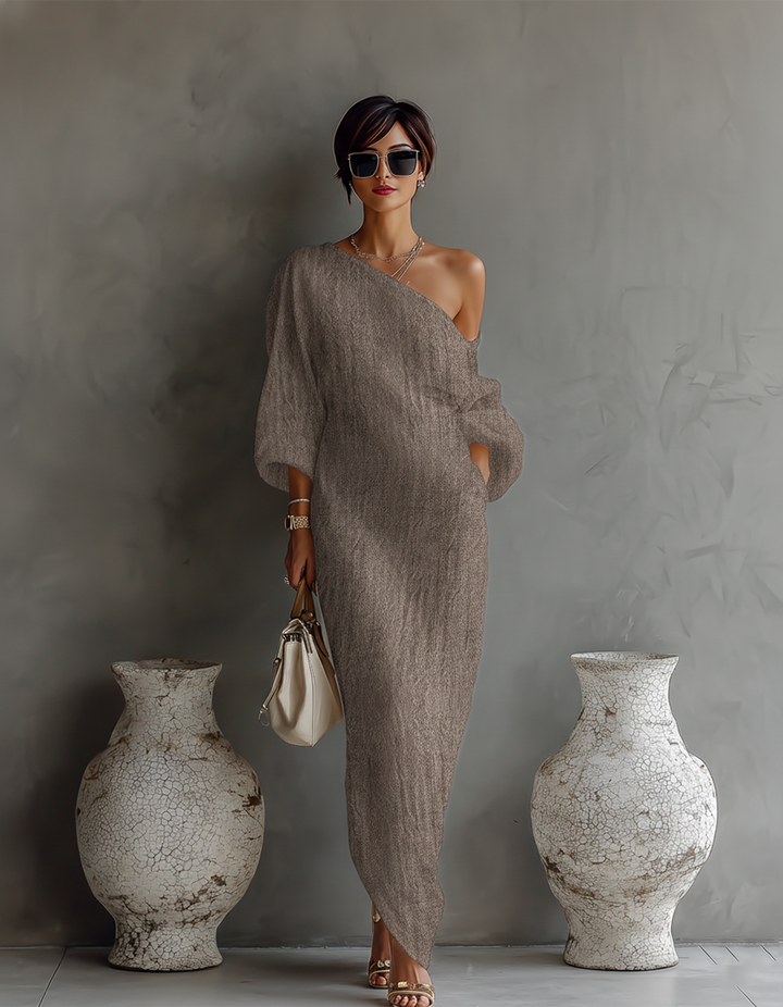 Nami | Elegant Flowing Dress in Ivory White with Off-Shoulder Design