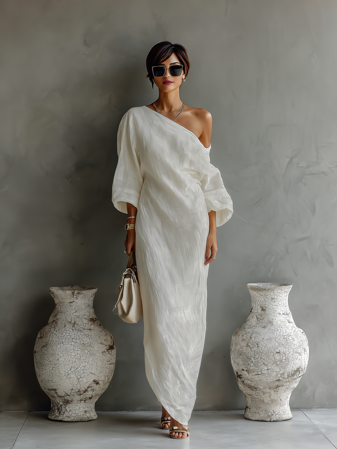 Nami | Elegant Flowing Dress in Ivory White with Off-Shoulder Design