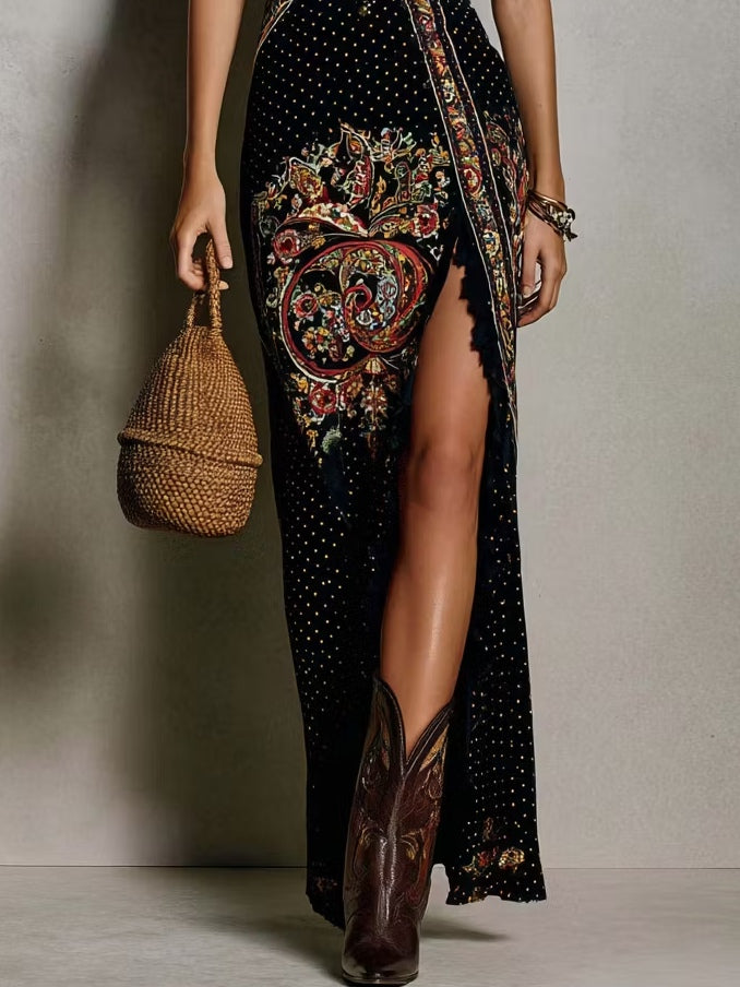 Lyla | Bohemian-Style Printed Dress with Deep V-Neck and High Slit