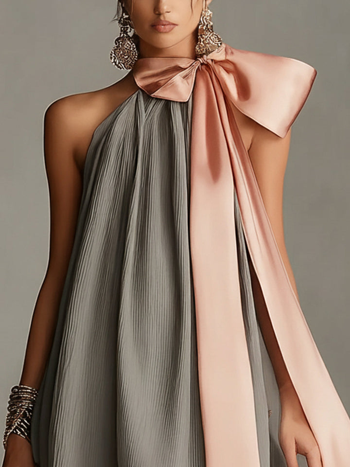Beatrice | Gray satin mini dress with pink bow and lace