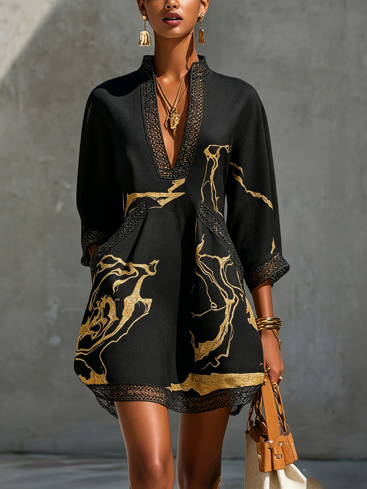 Donatella | Mini black dress with golden marble print and crochet lace